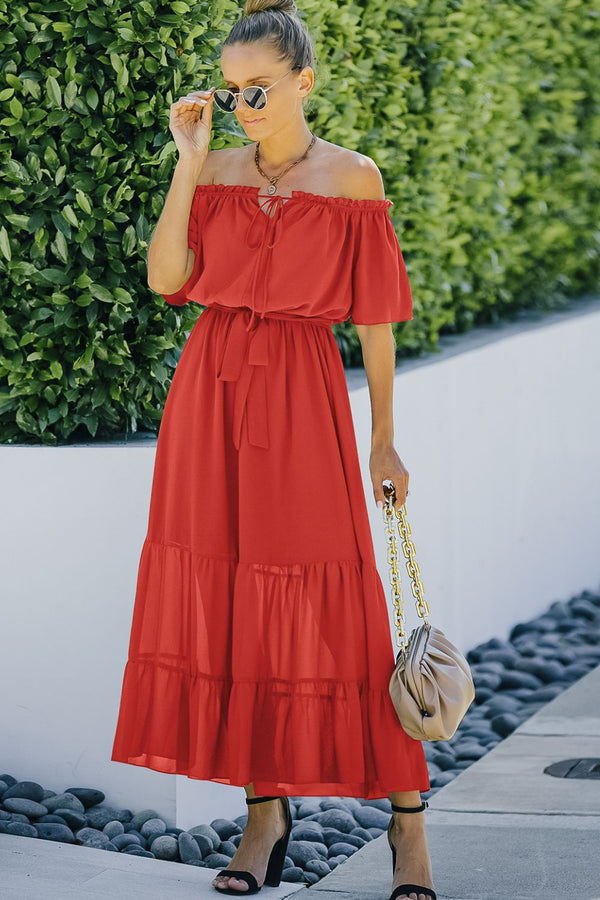 Tie Front Off-Shoulder Belted Tiered Maxi Dress