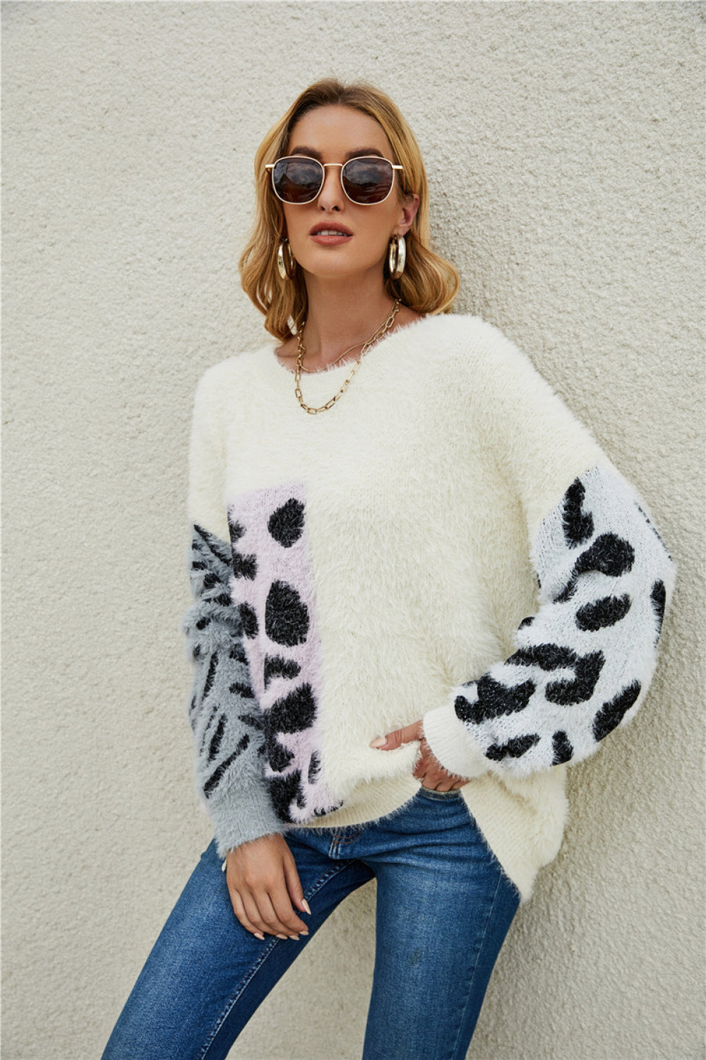 Fuzzy Mixed Print Pullover Sweater