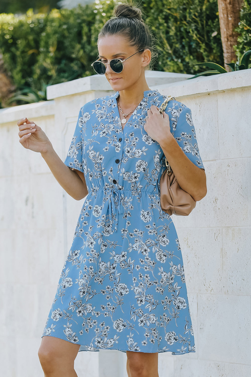 Floral V-Neck Short Sleeve Mini Dress