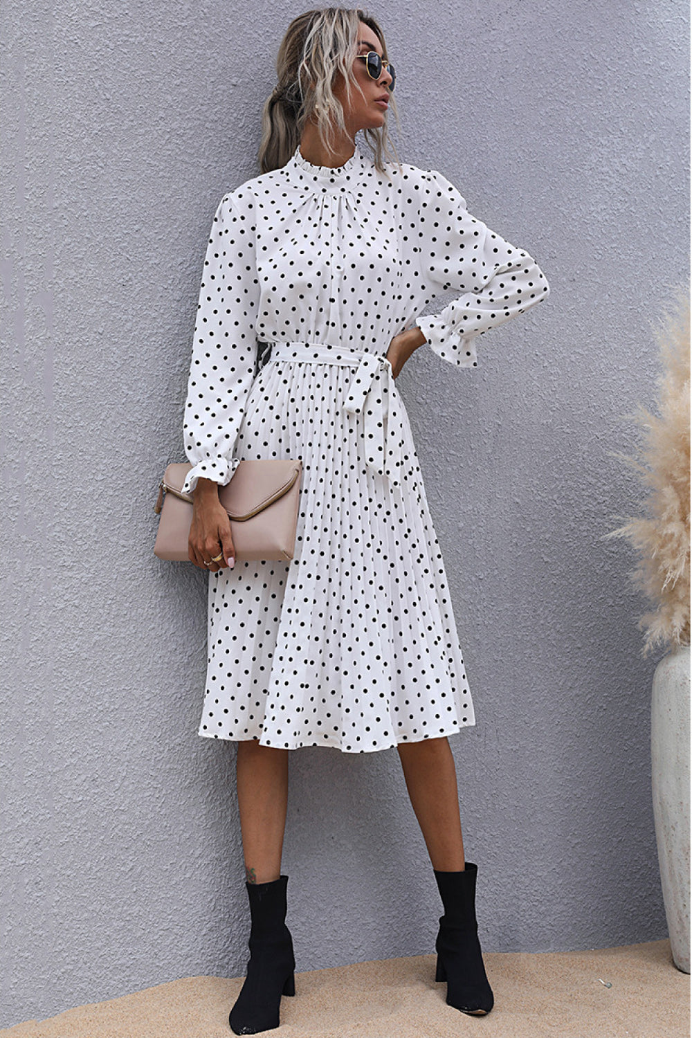 Polka Dot Pleated Dress With Belt