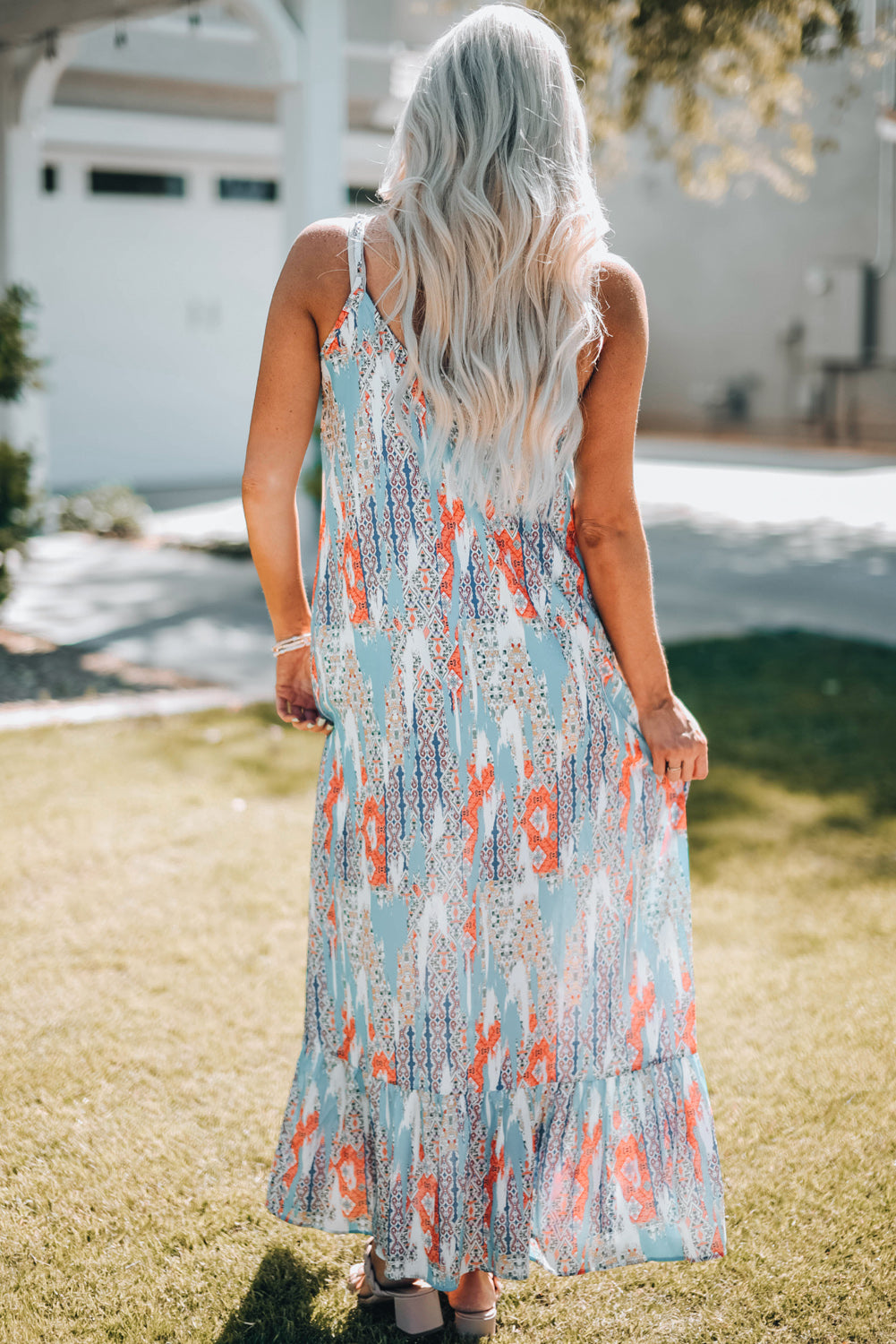 Printed Spaghetti Strap Ruffle Hem Maxi Dress