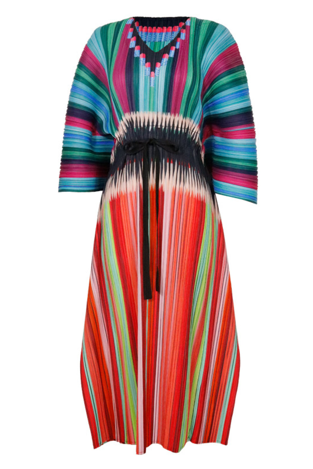 Mixed Stripes Accordion Pleated Dolman Sleeve Midi Dress