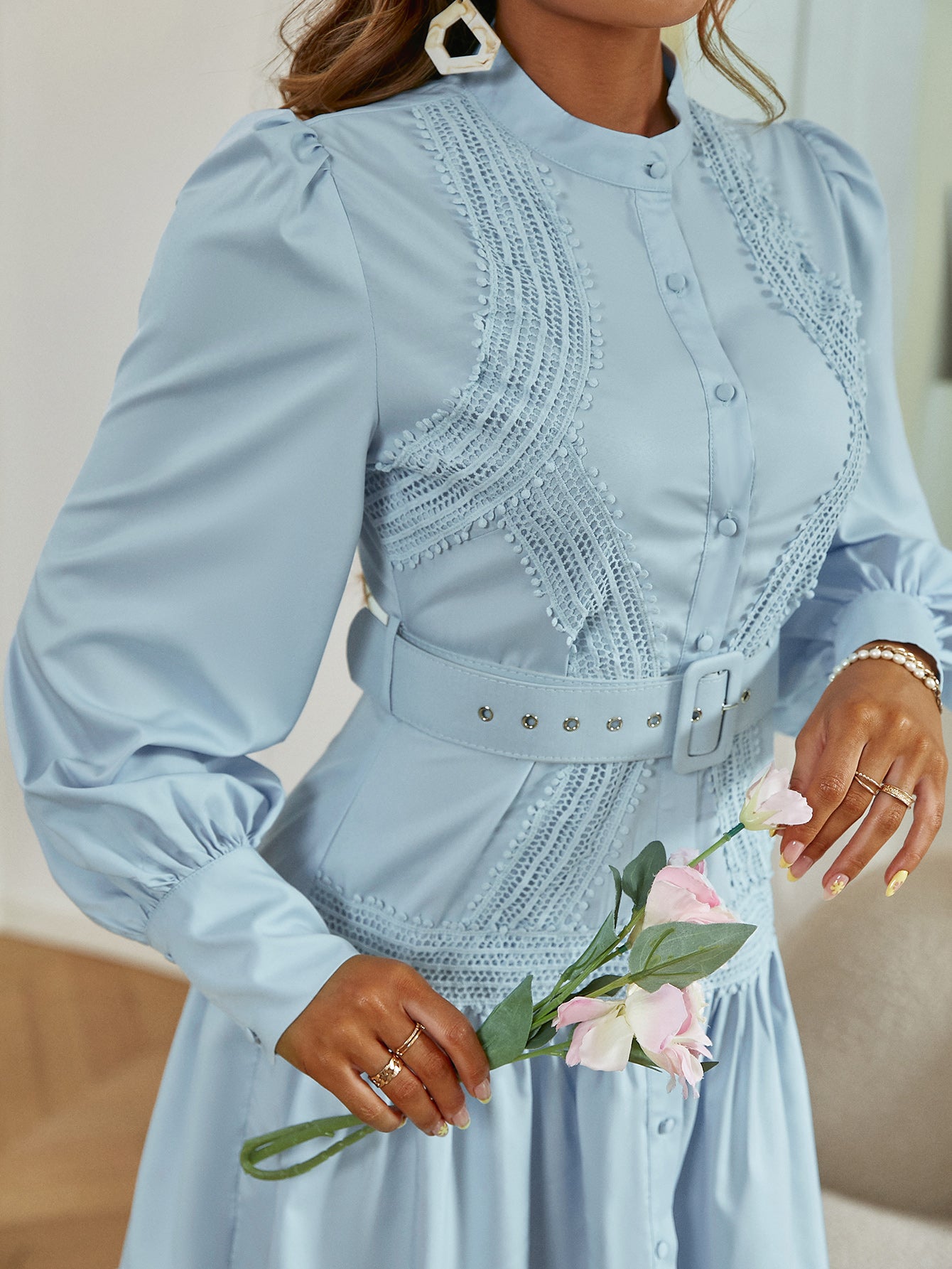 Pom-Pom Detail Belted Bishop Sleeve Shirt Dress