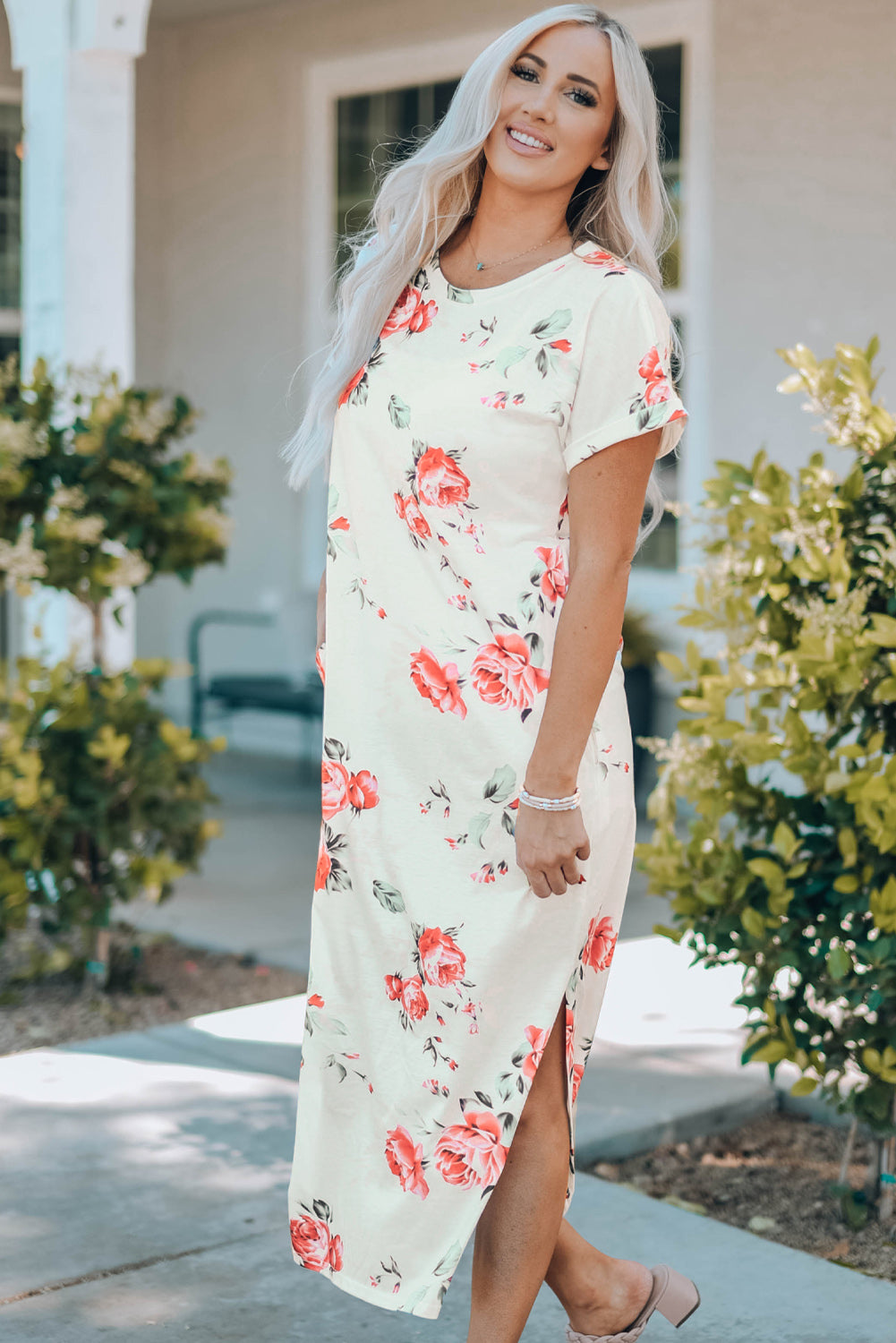 Floral Side Slit Cuffed Sleeve Maxi Dress