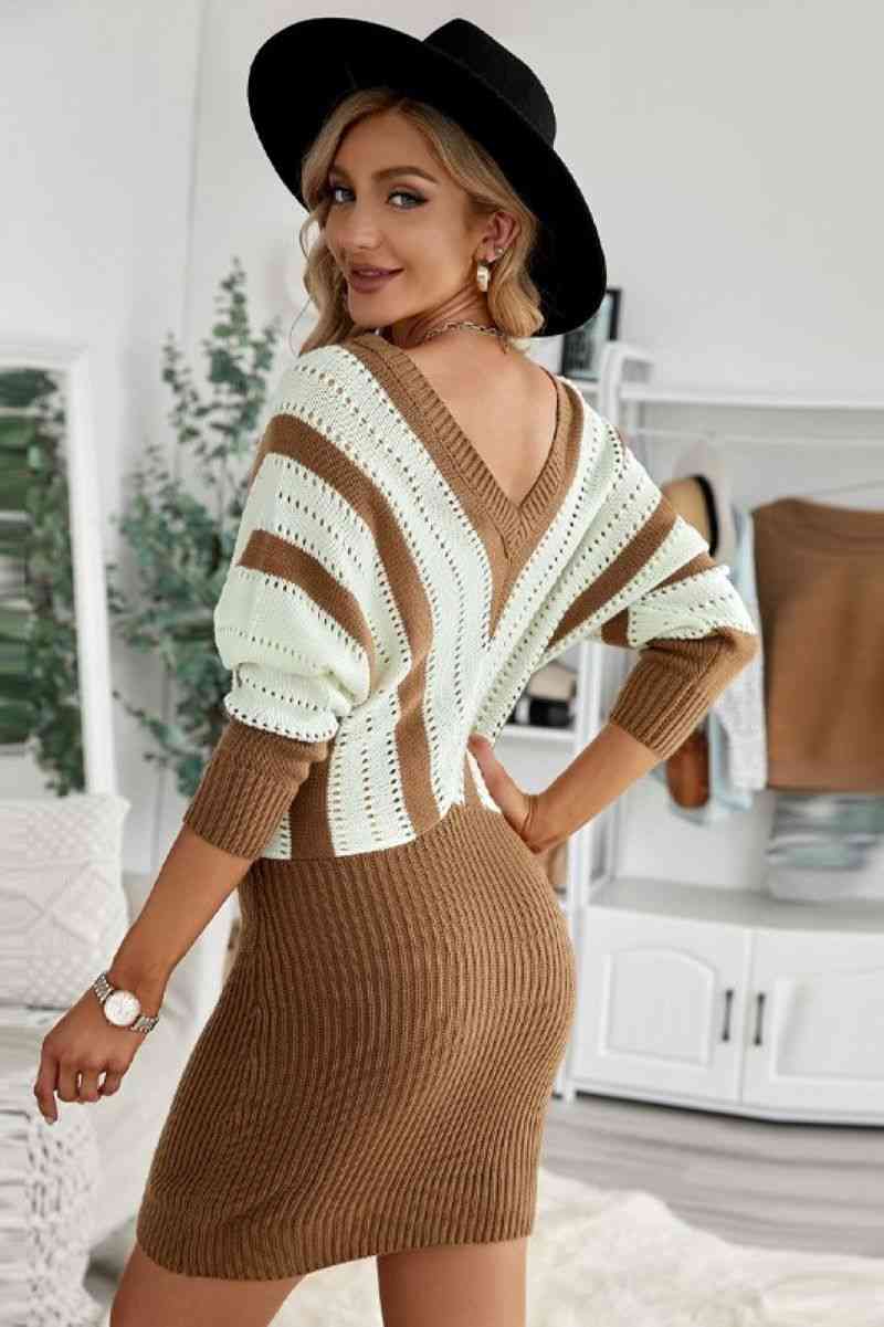 Color Block Striped Wrap Sweater Dress