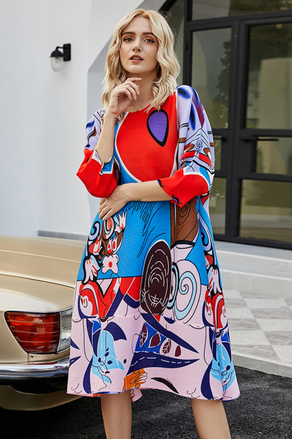 Abstract Print Accordion Pleated Side Slit Dress