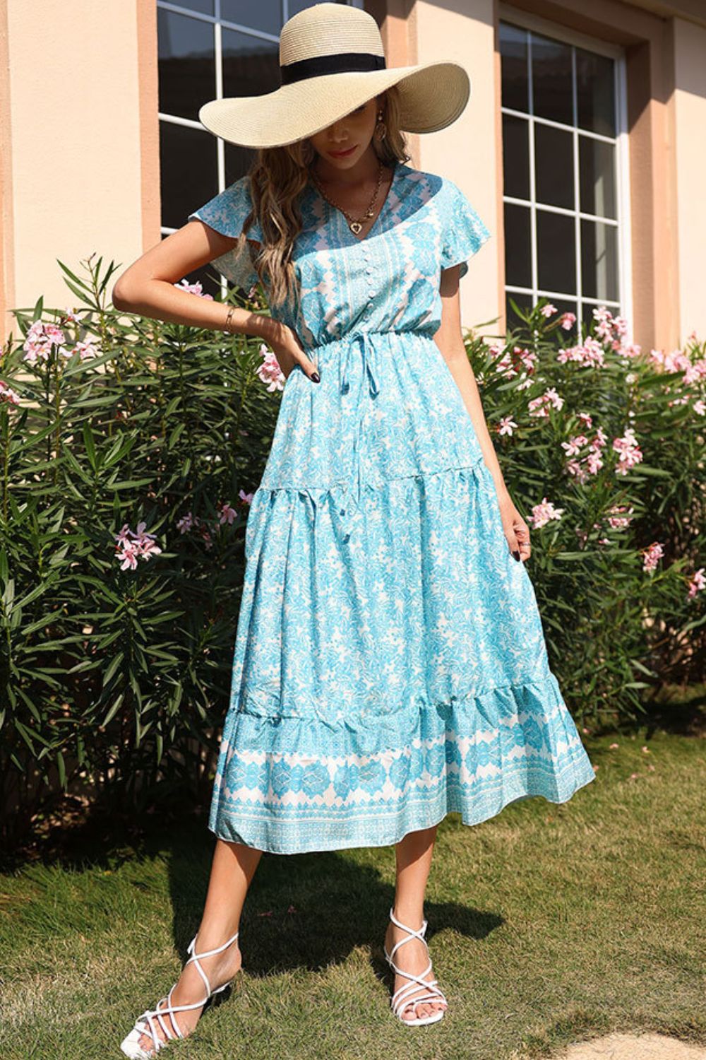 Printed Decorative Button Flutter Sleeve Tiered Dress