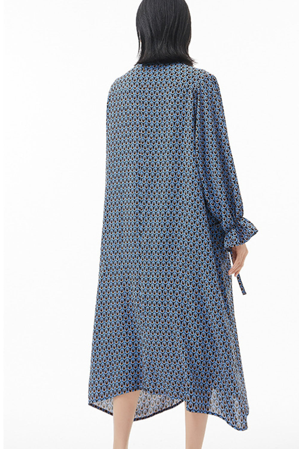 Printed Drawstring Flounce Sleeve Midi Dress