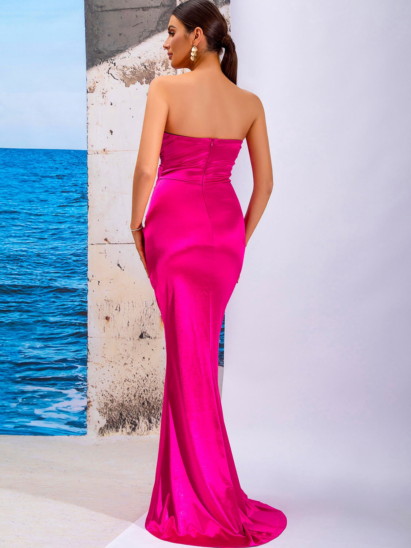 Satin Strapless Zip-Back Ruched Dress