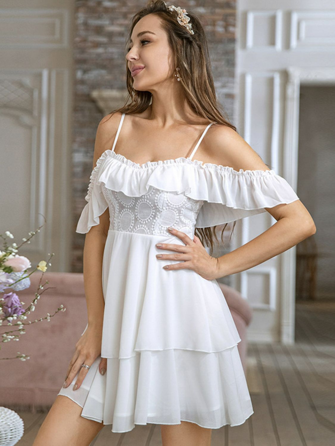 Ruffled Fold-Over Cold-Shoulder Layered Dress