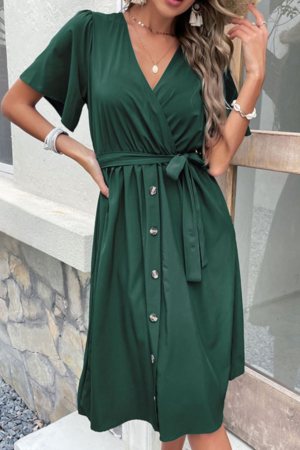 Buttoned Tie-Waist Surplice Dress