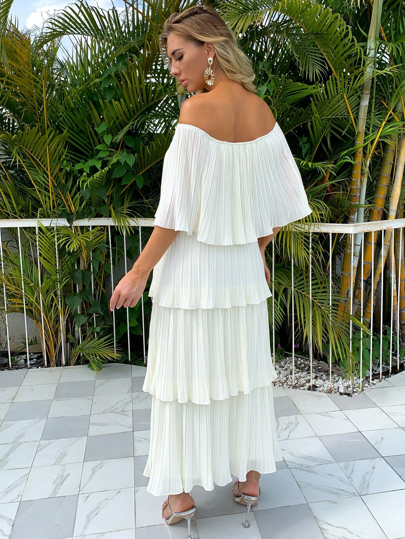 Accordion Pleated Off-Shoulder Layered Dress