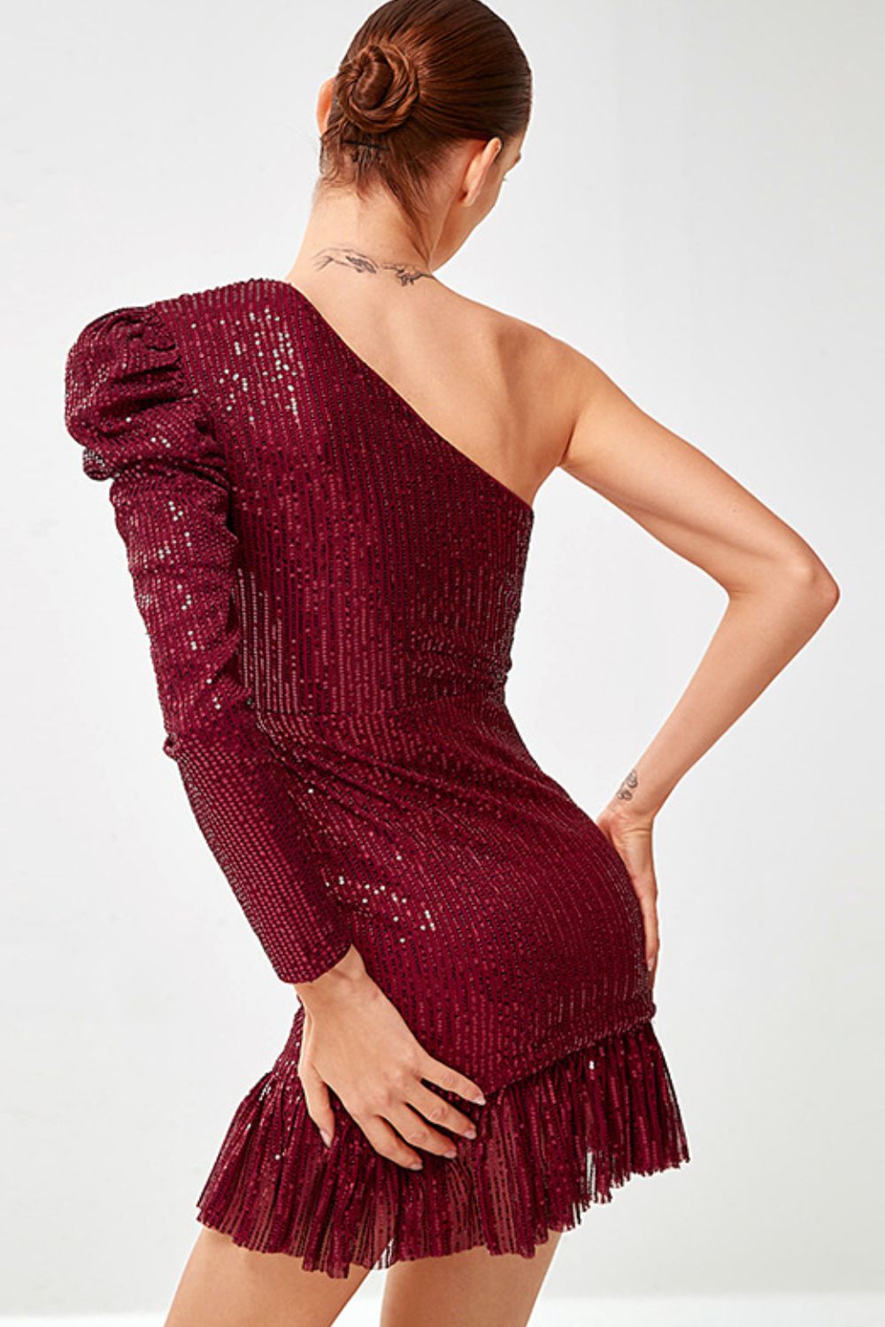 Sequin One-Shoulder Fringe Hem Dress