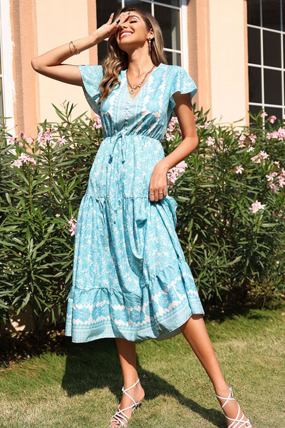 Printed Decorative Button Flutter Sleeve Tiered Dress