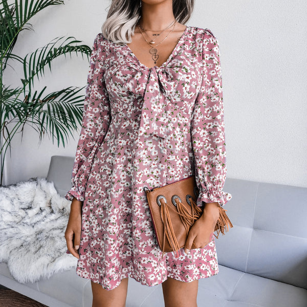 Floral Bow Detail Flared Sleeve Mini Dress