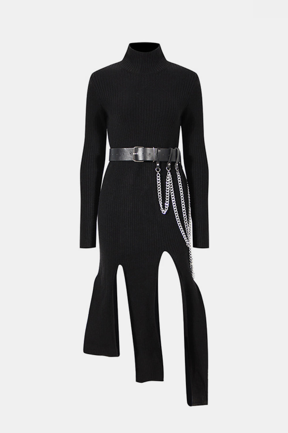 Dream Architect Asymmetrical Hem Knitted Dress with Chain Belt