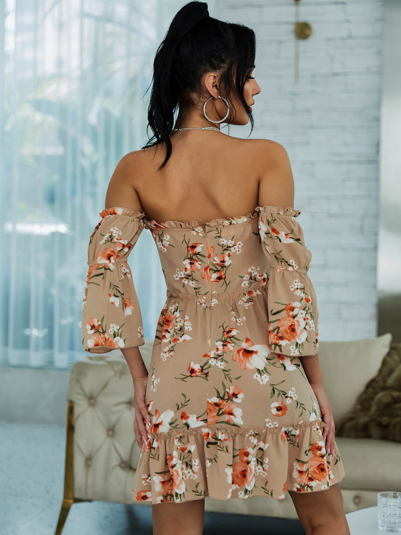 Floral Frill Trim Off-Shoulder Mini Dress