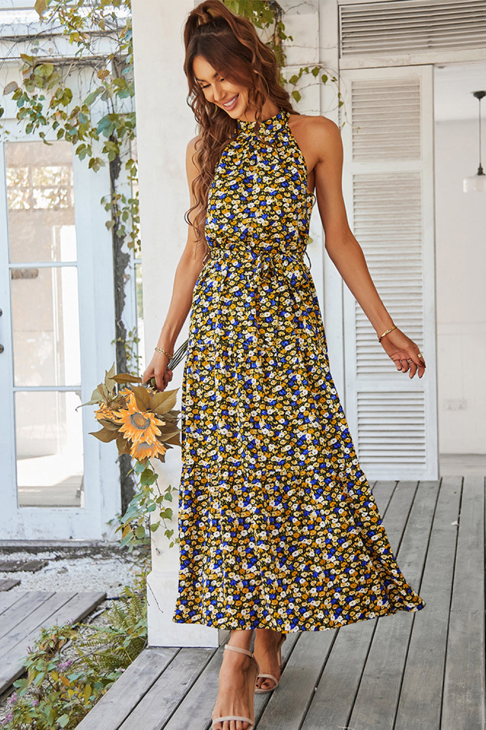 Floral Tiered Grecian Midi Dress