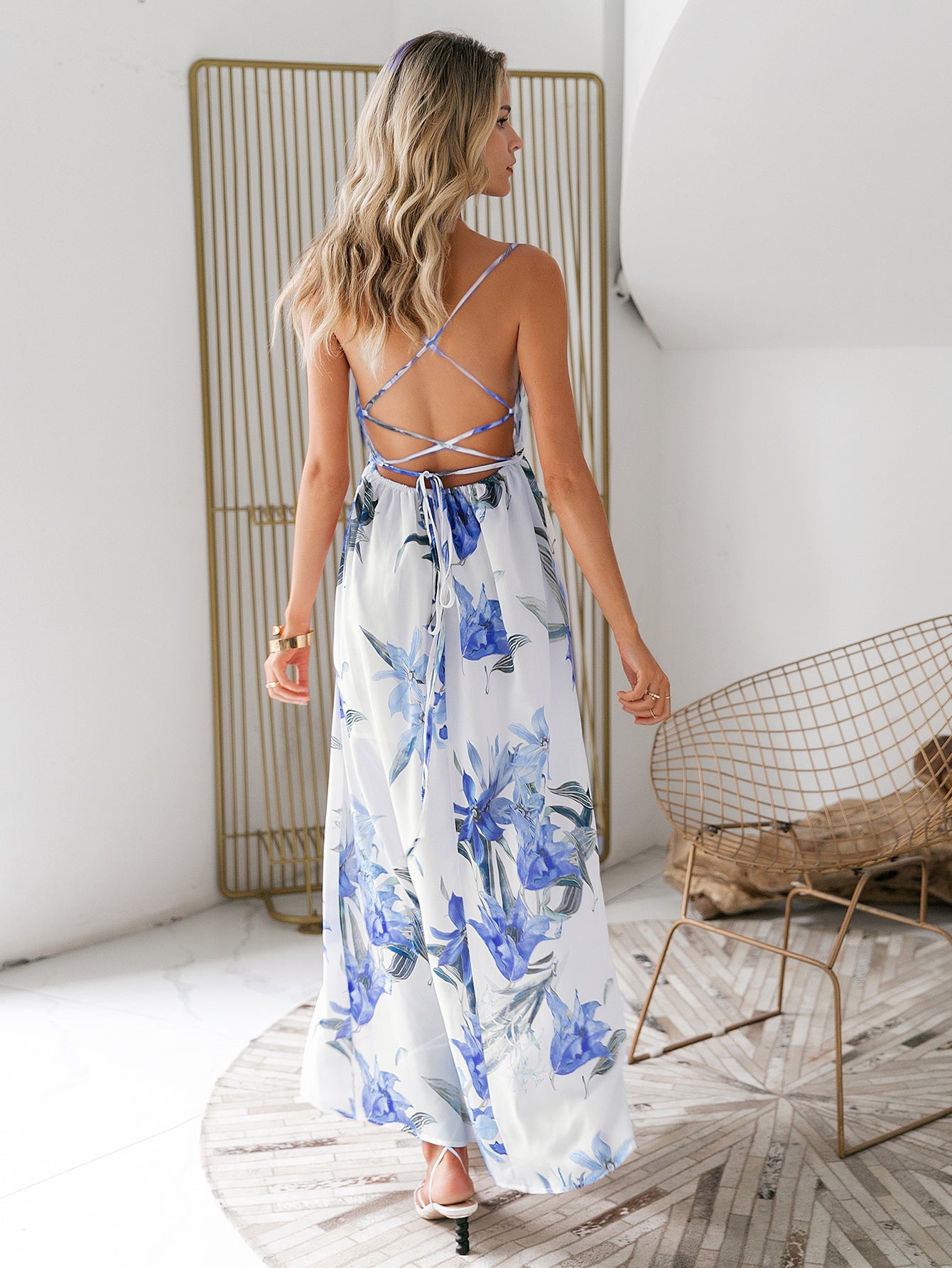 Floral Lace-Up Split Halter Neck Maxi Dress