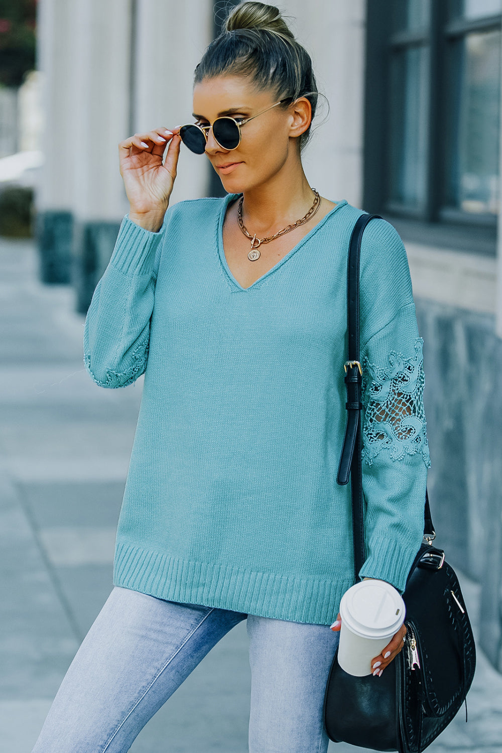 Lace Sleeve Drop Shoulder Sweater