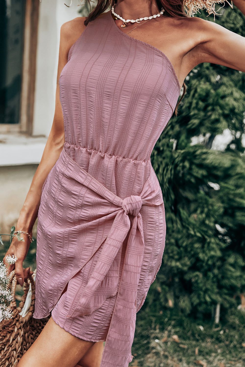 Tie Detail One-Shoulder Sleeveless Mini Dress