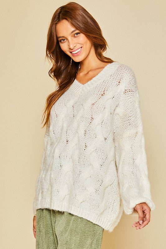 V-Neck Chunky Cable-Knit Sweater