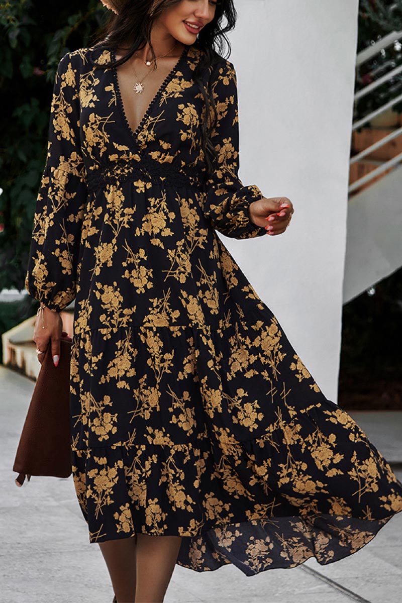 Floral Ruffled Hem V-Neck Dress