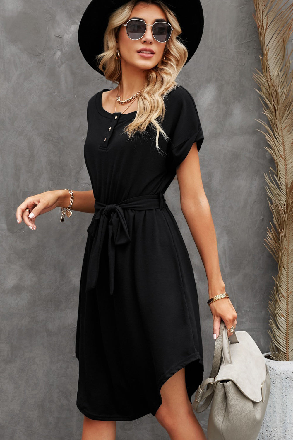 Tie-Waist Quarter Button Curved Hem Dress