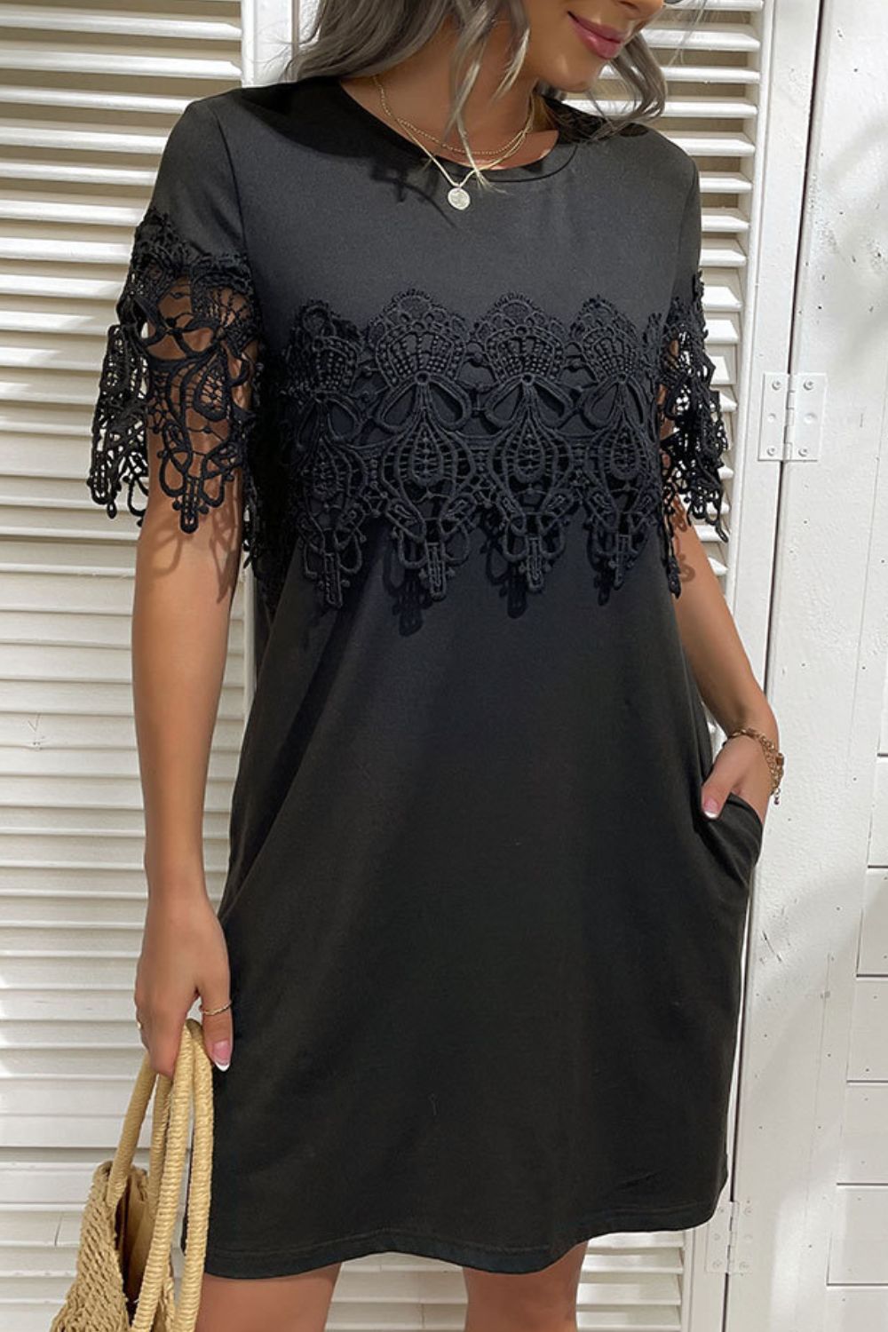 Spliced Lace Shift Dress with Pockets