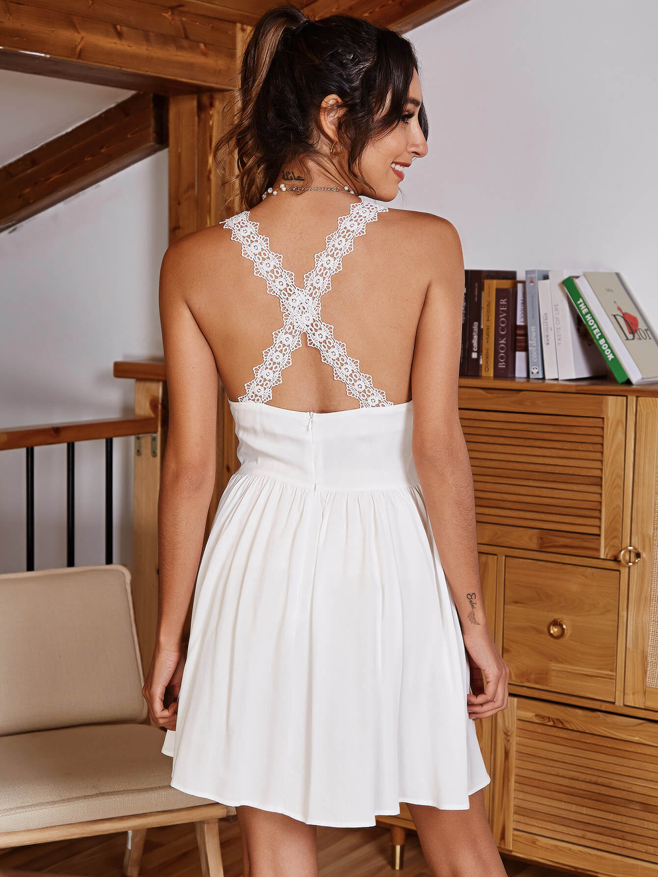 Spliced Lace Crisscross A-Line Dress