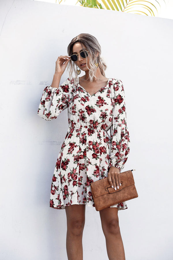 Floral Print Bishop Sleeve Tie-Neck Dress