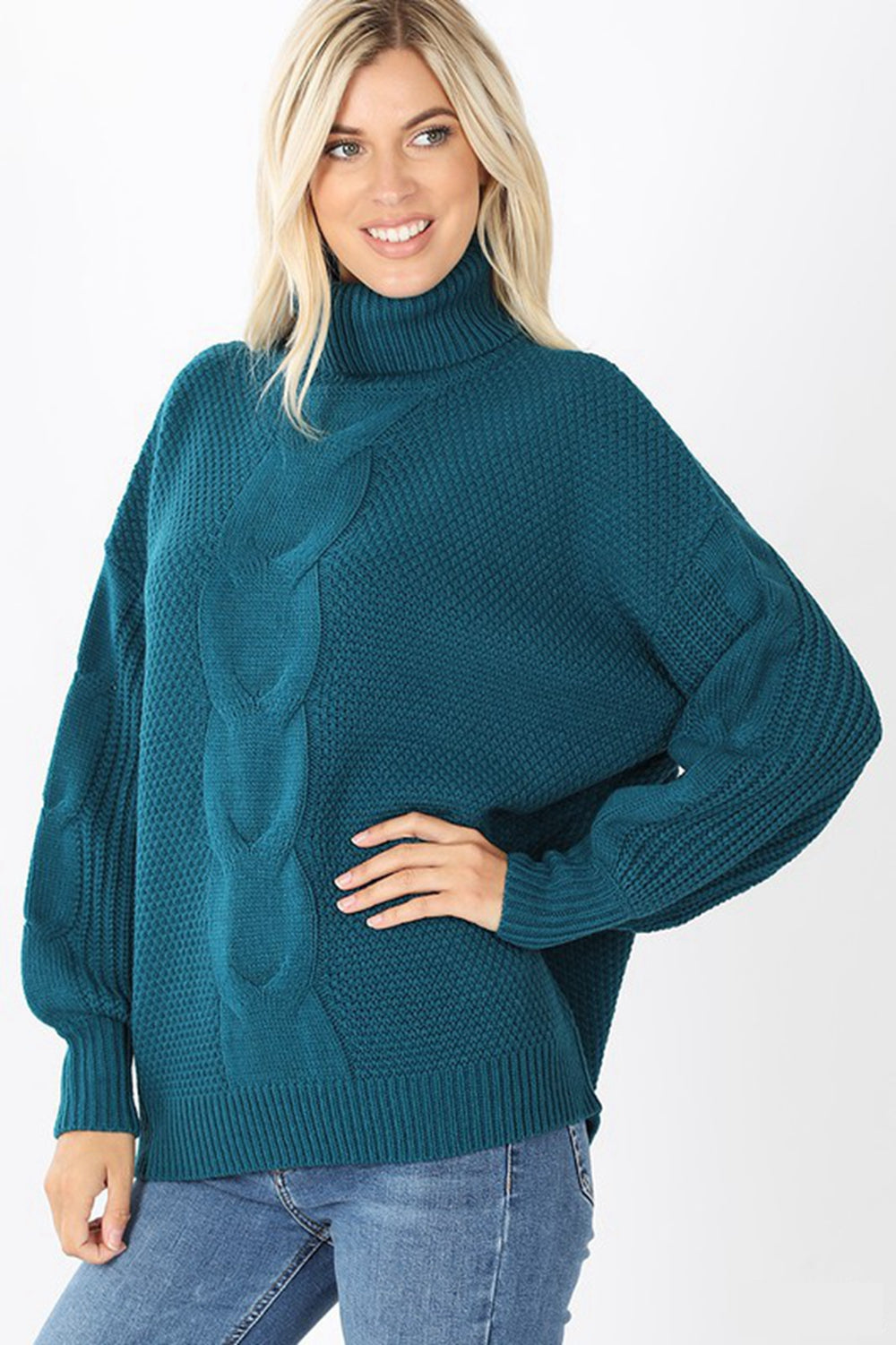 Zenana Turtleneck Cable Knit Balloon Sleeve Sweater