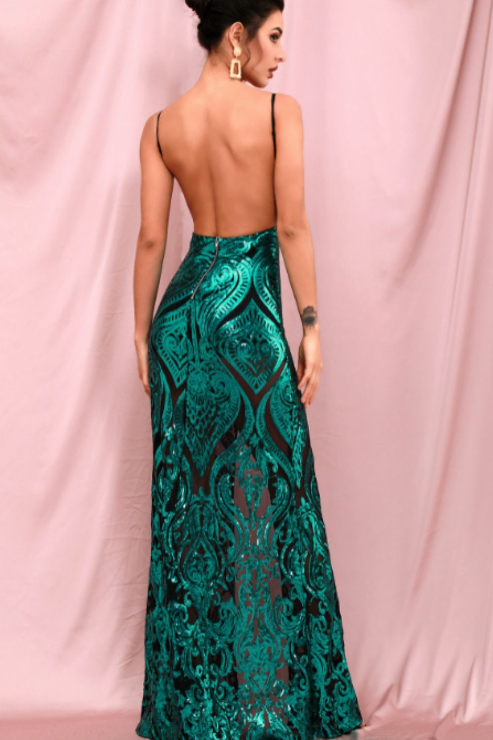 Contrast Sequin Backless Split Cami Dress