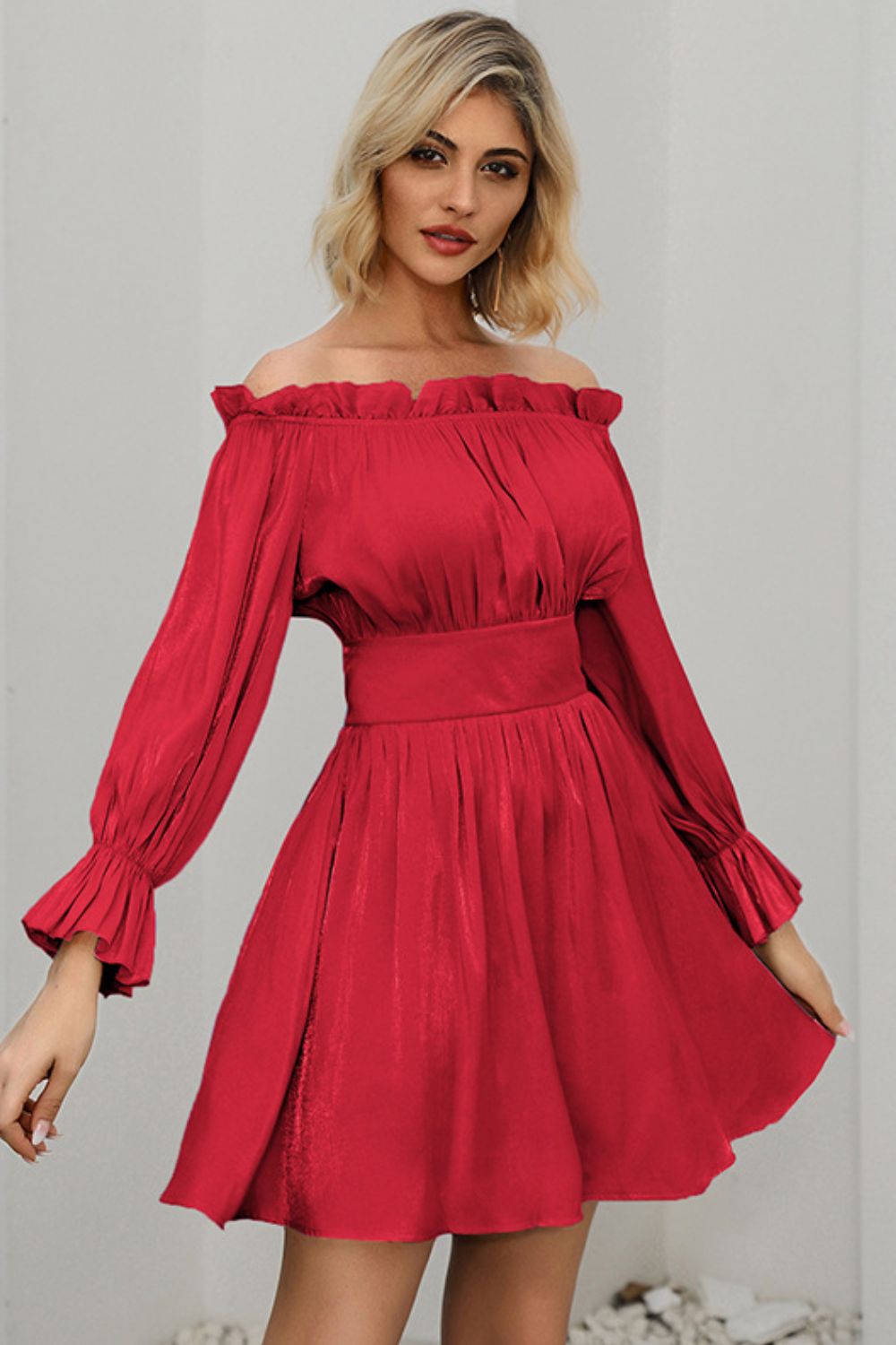 Off-Shoulder Frill Trim Mini Dress