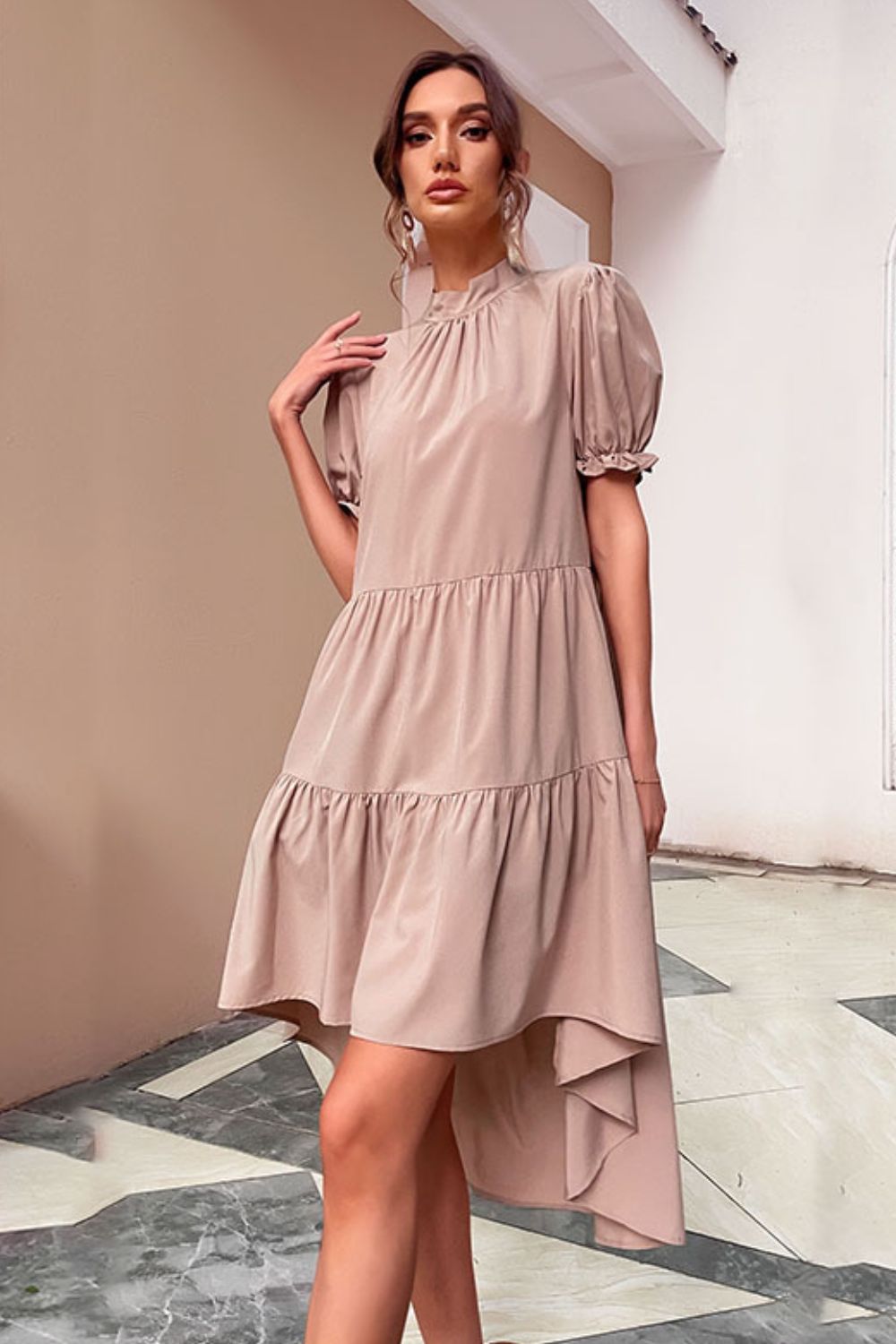 Short Puff Sleeve High-Low Tiered Dress