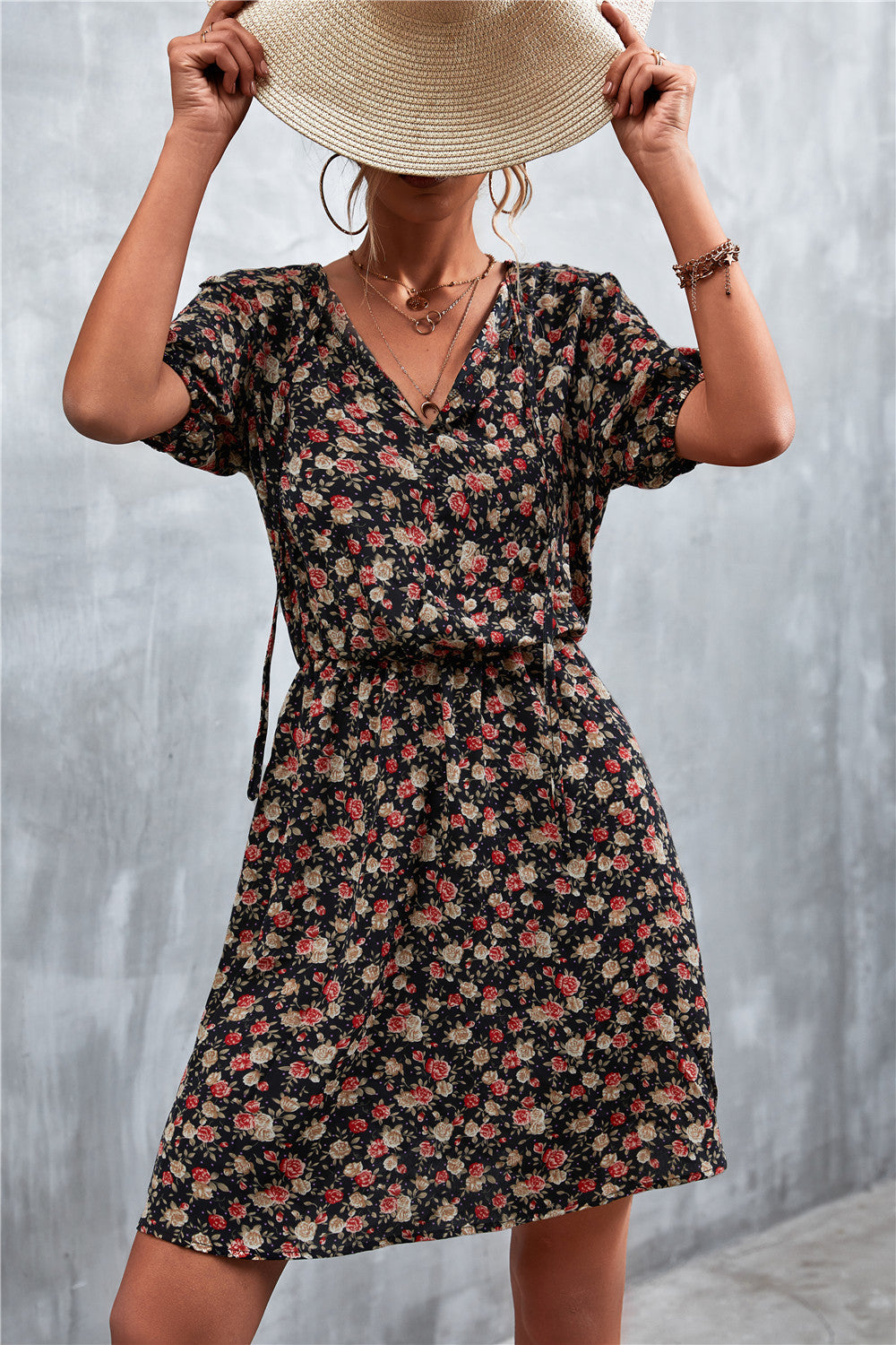 Floral Tie-Neck Short Sleeve Mini Dress