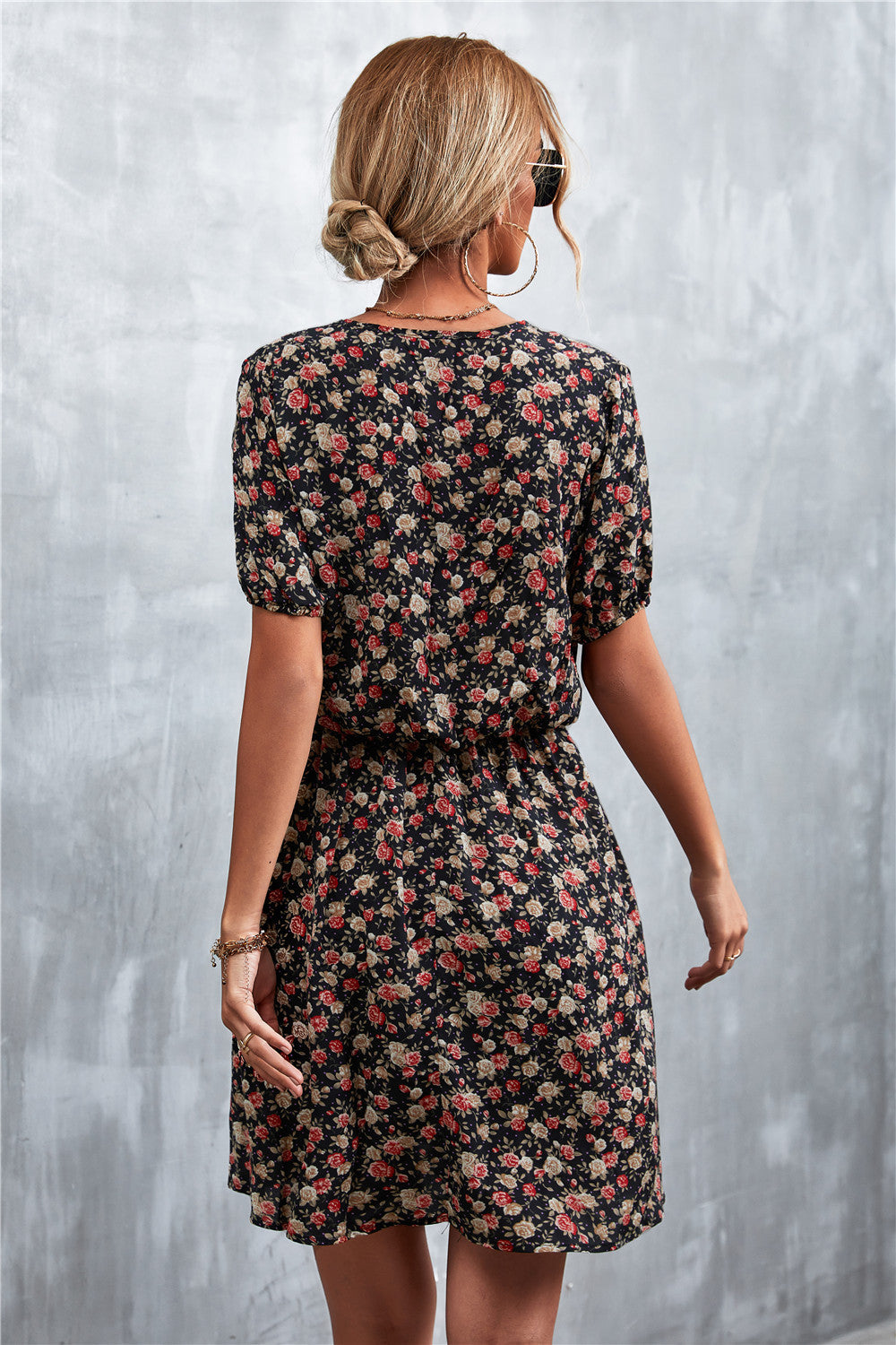 Floral Tie-Neck Short Sleeve Mini Dress