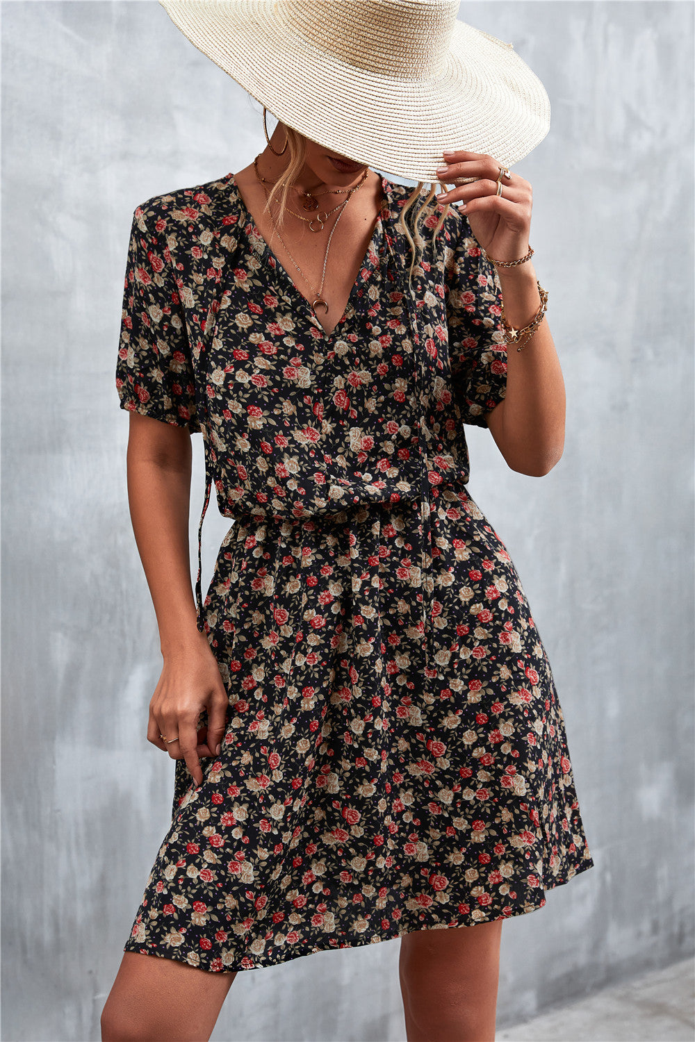 Floral Tie-Neck Short Sleeve Mini Dress