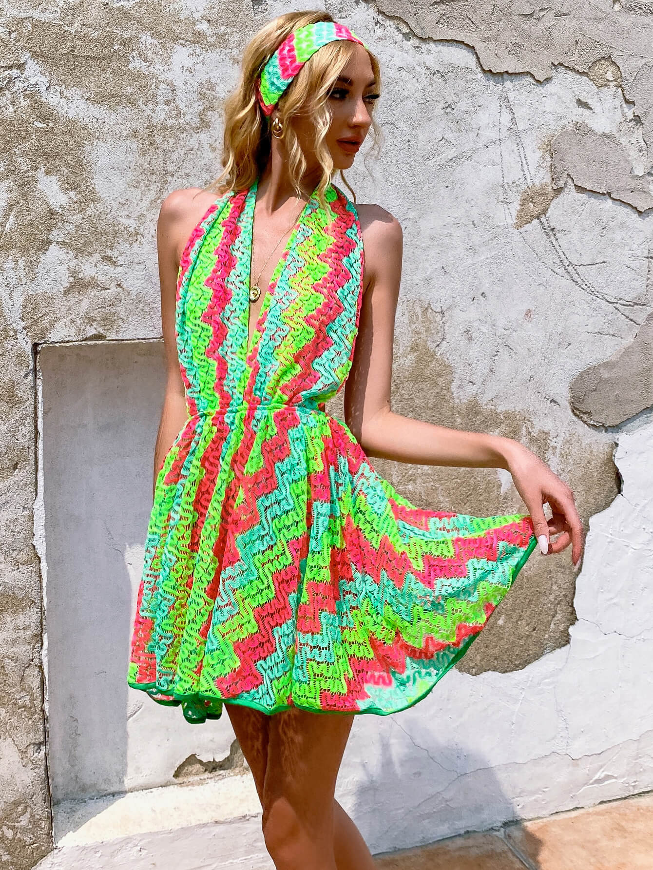 Multicolored Halter Neck A-Line Dress
