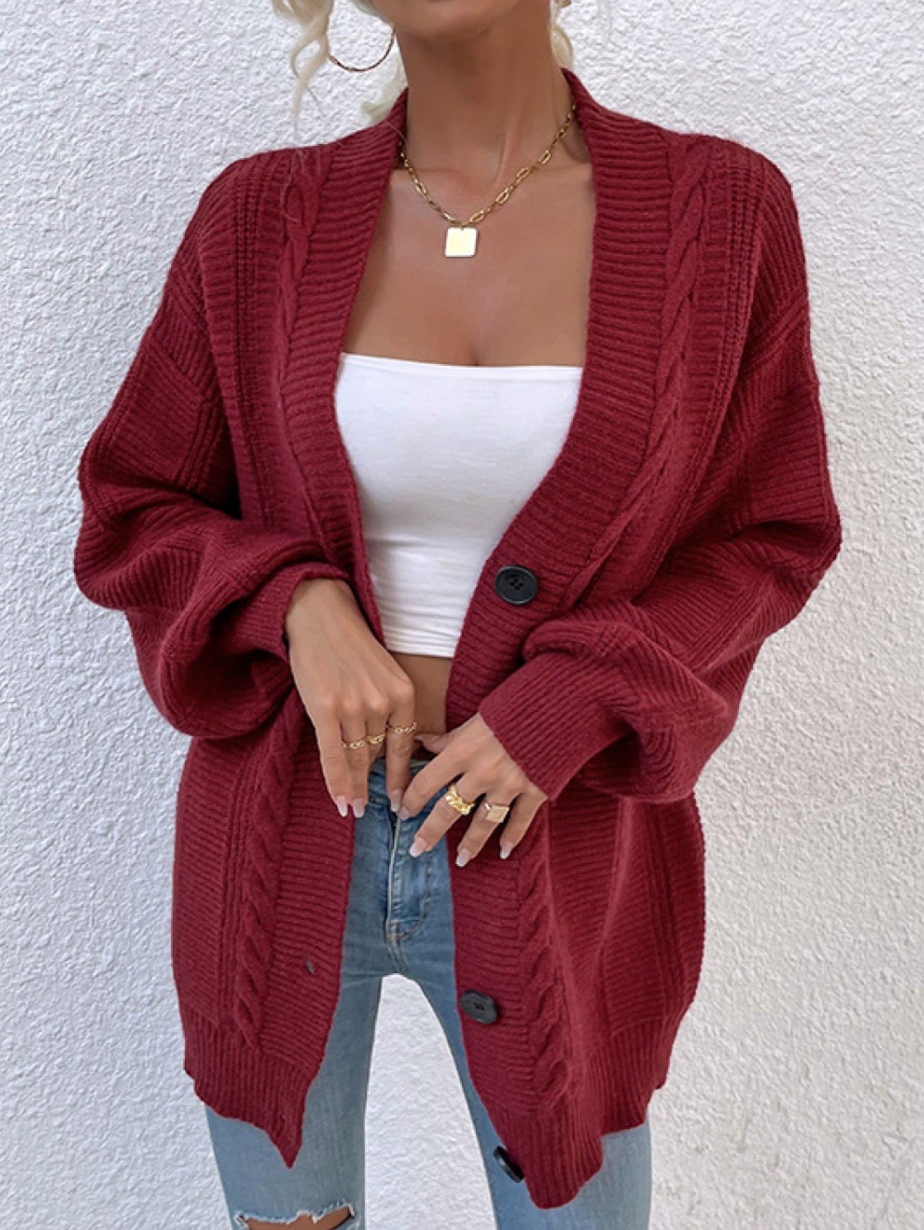 Cable-Knit Button Down Ribbed Trim Cardigan