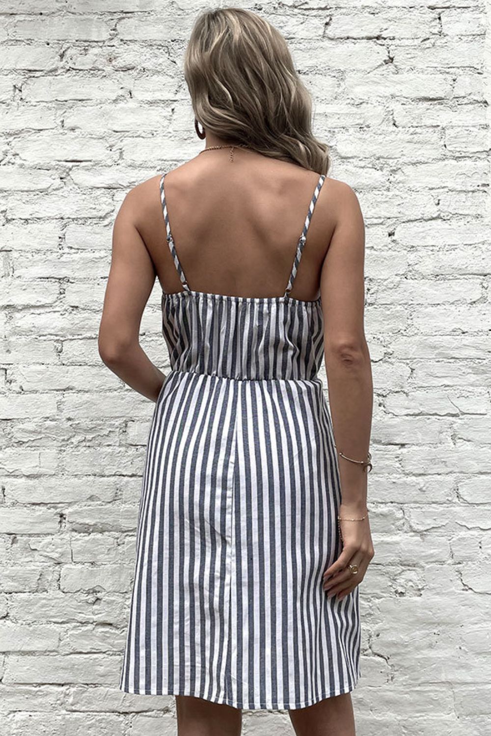 Striped Buttoned Spaghetti Strap Dress with Pockets