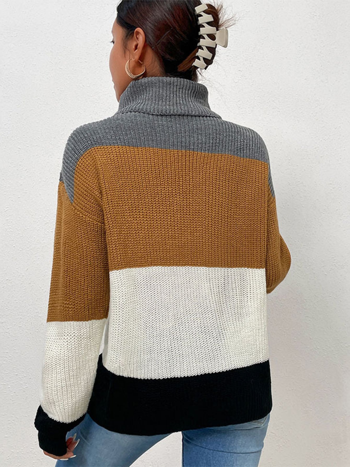 Color Block Turtleneck Knit Sweater