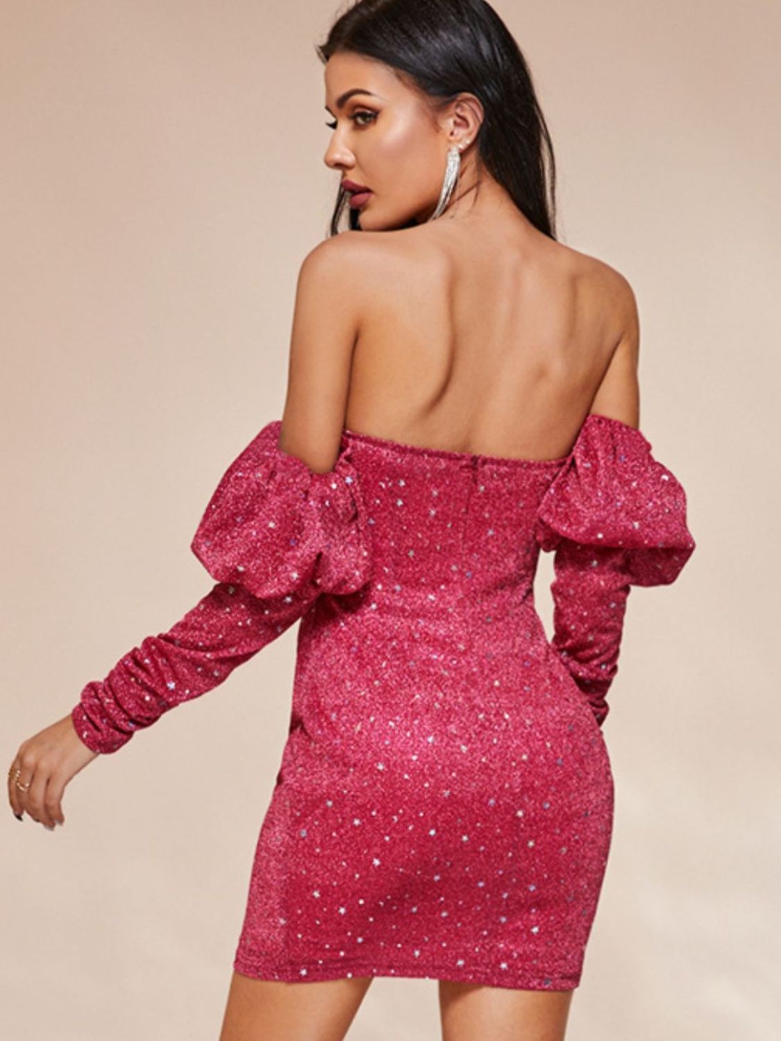 Sequined Puff Sleeve Off-Shoulder Mini Dress