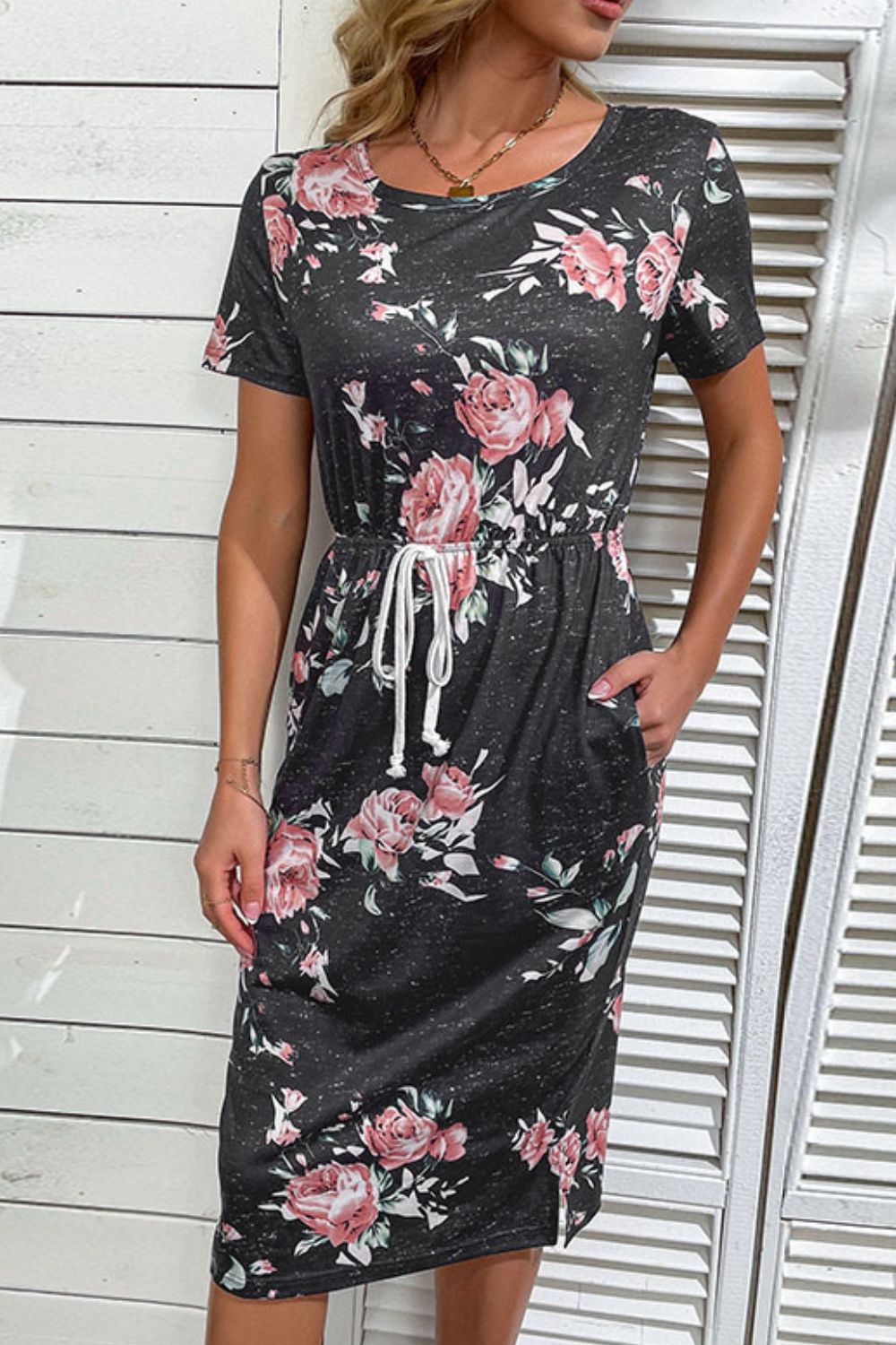 Floral Drawstring Waist Side Slit Dress