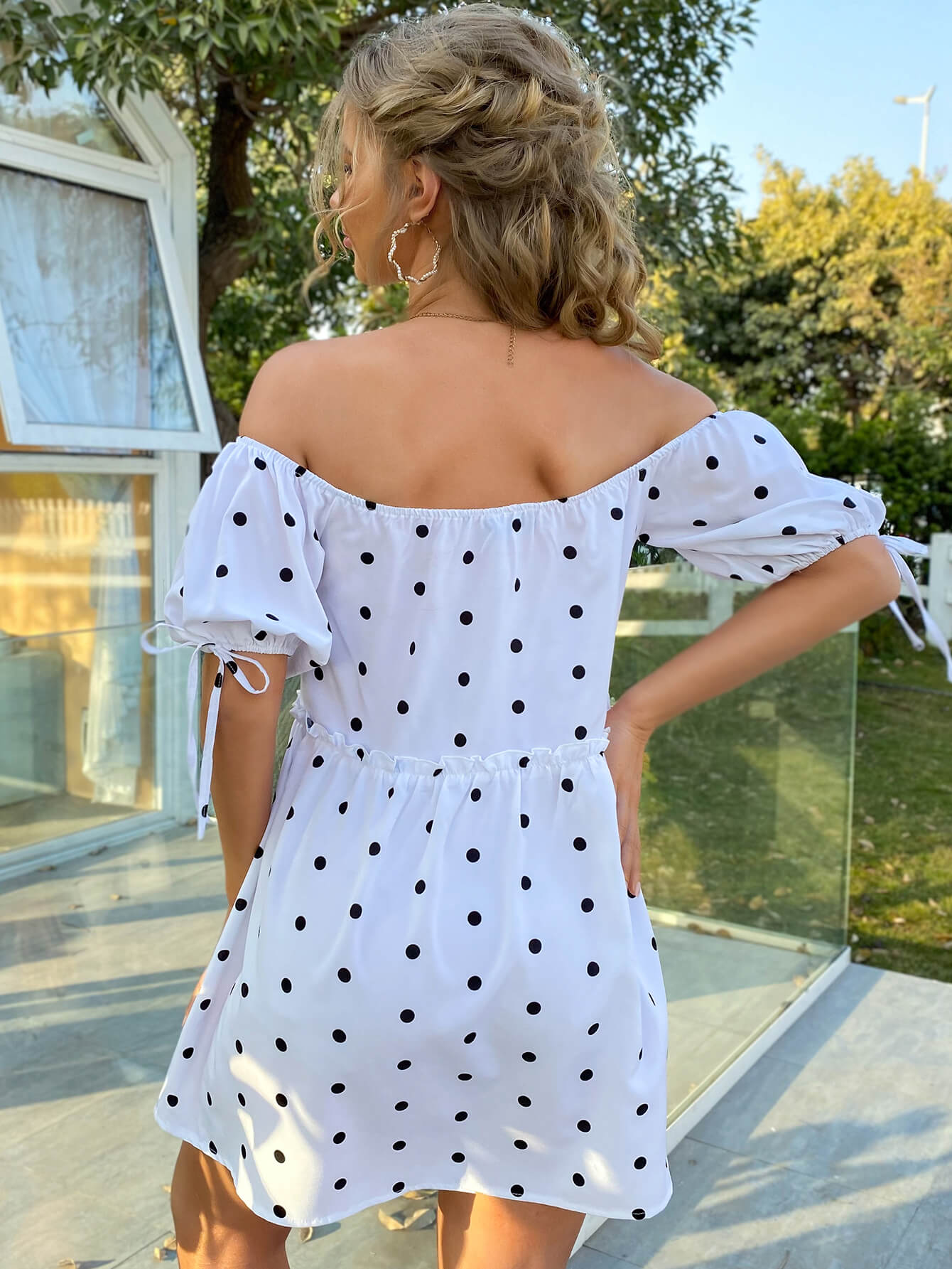 Polka Dot Off-Shoulder Frill Trim Dress