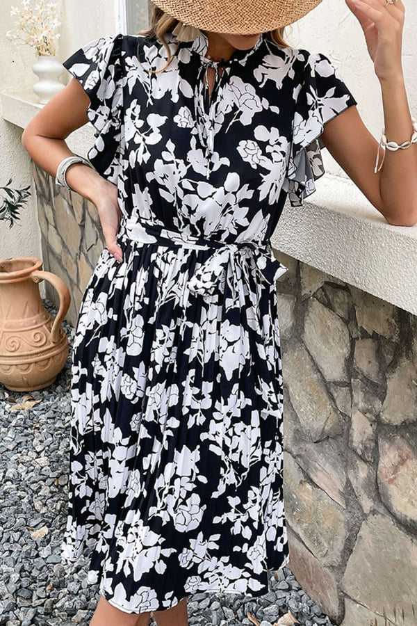 Floral Tie Neck Flutter Sleeve Dress