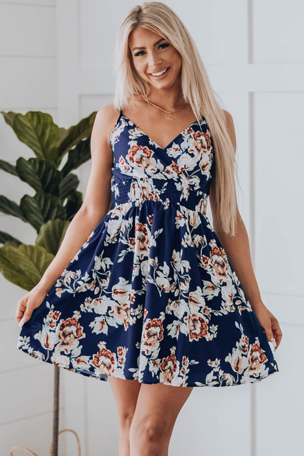 Surplice Floral Spaghetti Strap Smocked Mini Dress