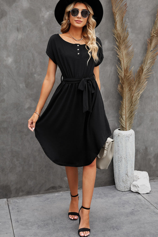 Tie-Waist Quarter Button Curved Hem Dress