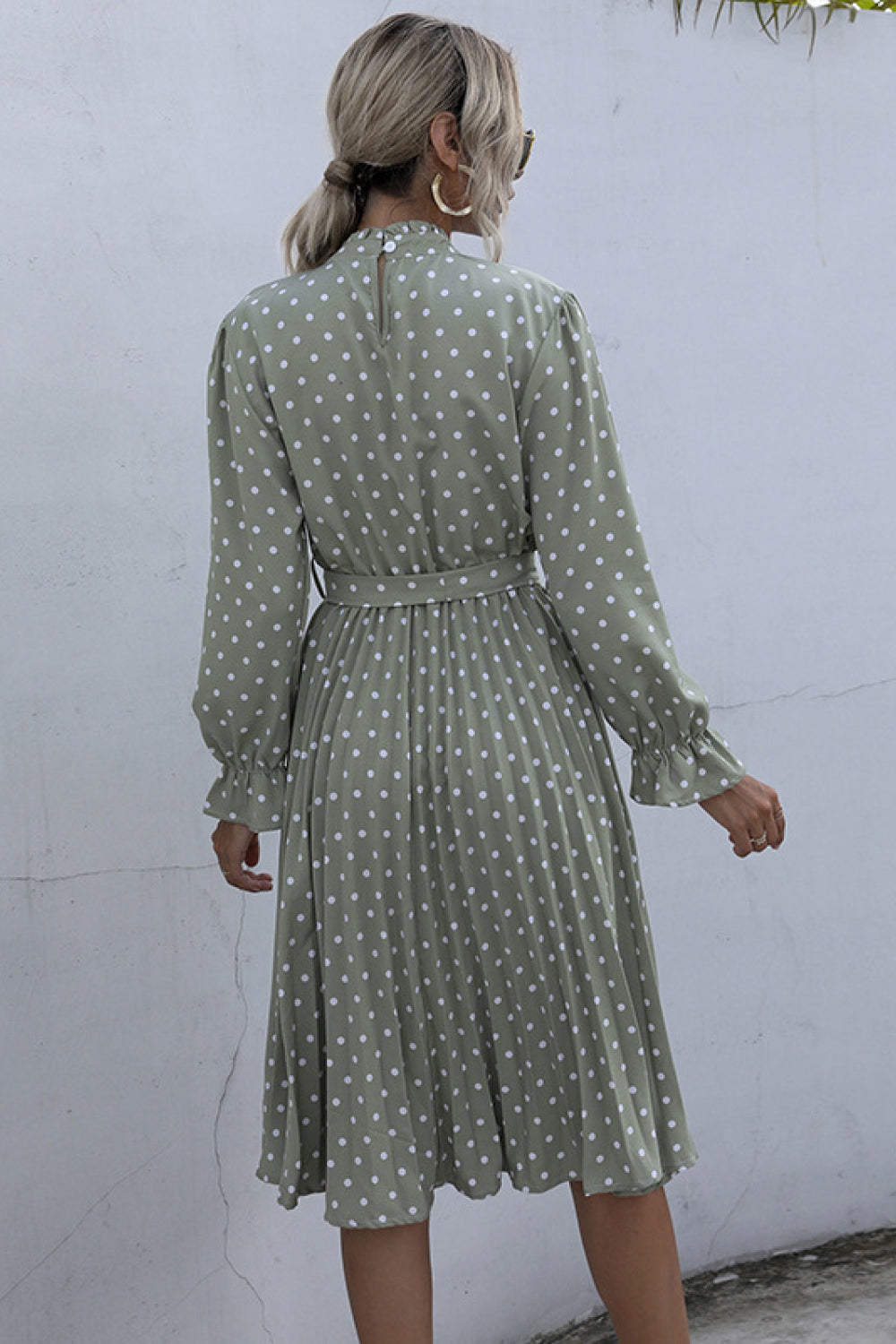Polka Dot Pleated Dress With Belt