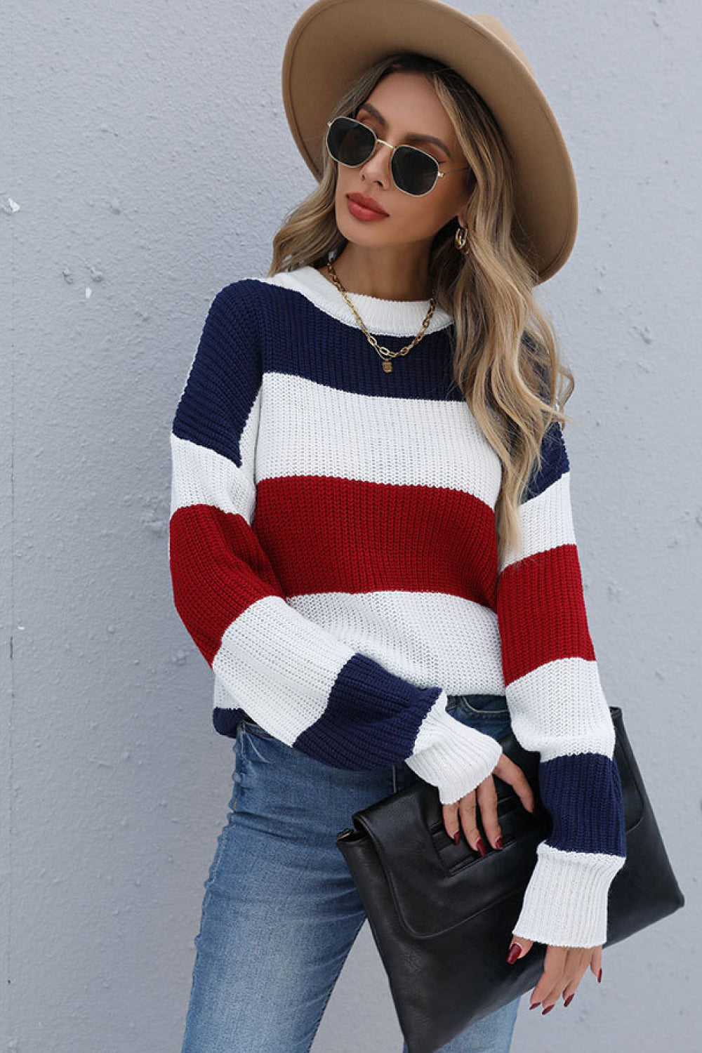Color Block Long Sleeve Ribbed Sweater